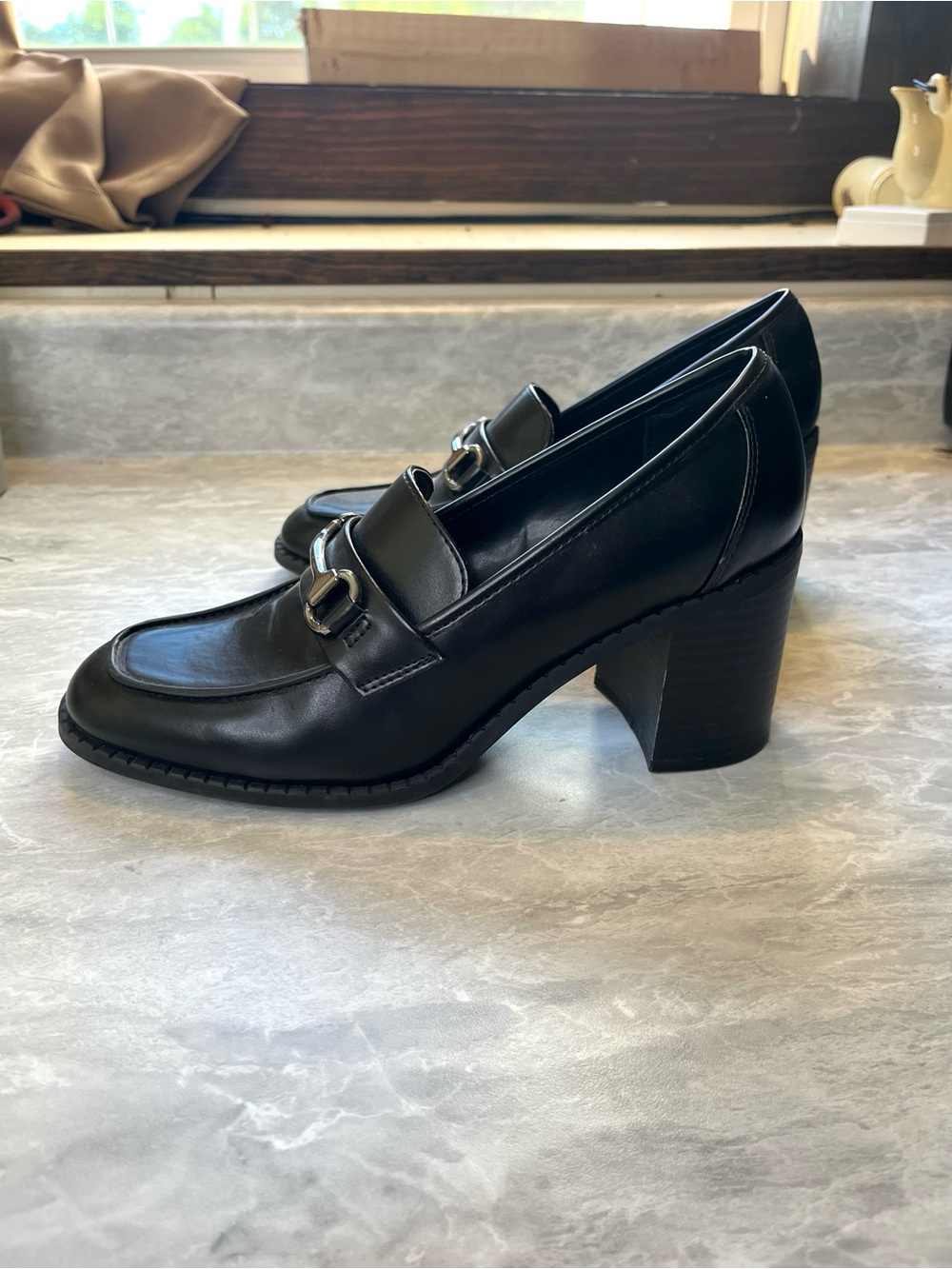 Marc Fisher Black Faux Leather Block Heel Loafers with Metal Bit